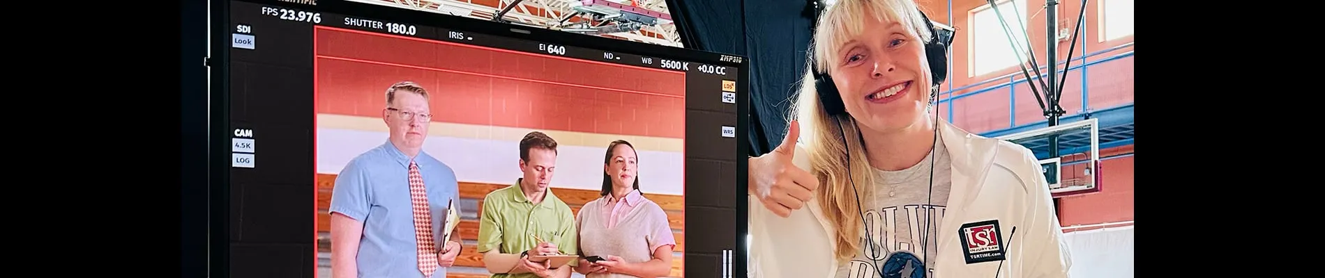 attorney posing in front of a tv